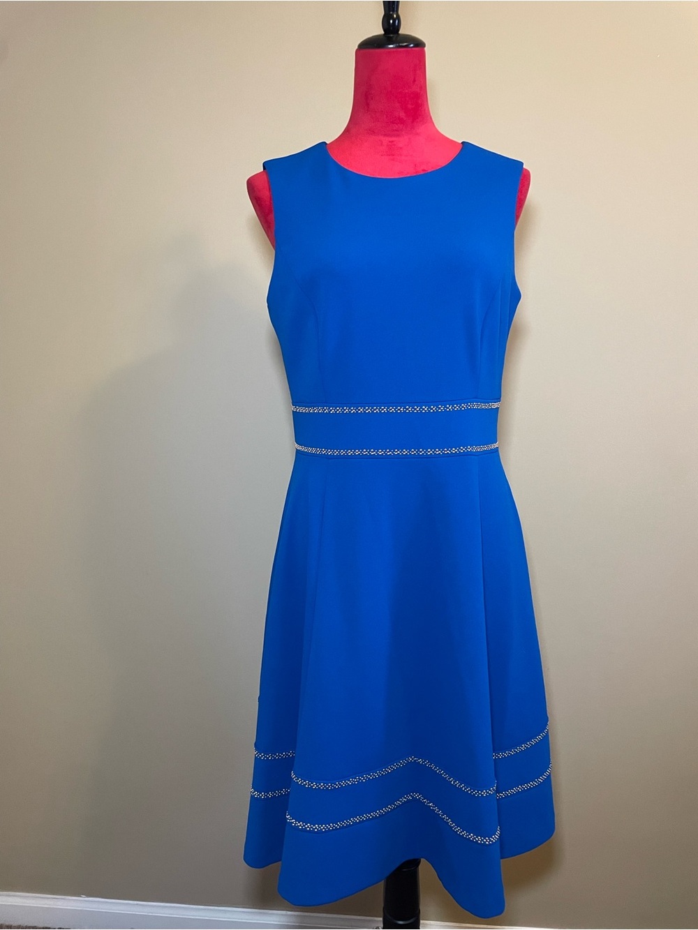 Calvin Klein Cobalt Blue Strapless-Look A-Line Dress with Trim
